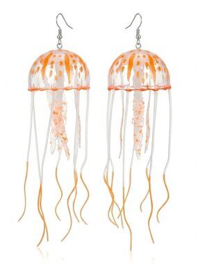 🆕 Tangerine Orange Jellyfish Earrings Large Coastal Nautical Beach Ocean NWOT